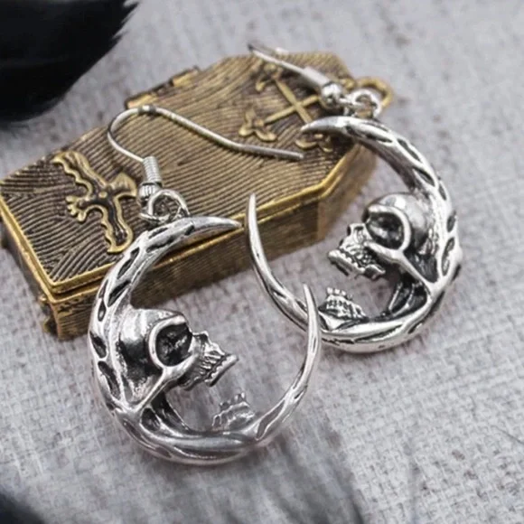 Silver Angry Crescent Moon Drop Earrings - Picture 1 of 5